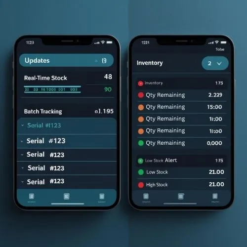 A split-screen dashboard mockup showing real-time stock updates, batch tracking, and low stock alerts. Include tags like "Serial #123", "Qty Remaining", and coloured alerts (e.g., red for low stock).