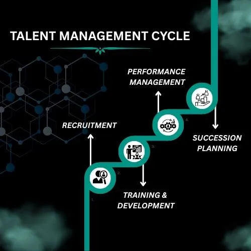 Circular or step-by-step infographic showcasing the 4 key stages:
1. Recruitment
2. Training & Development
3. Performance Management
4. Succession Planning
