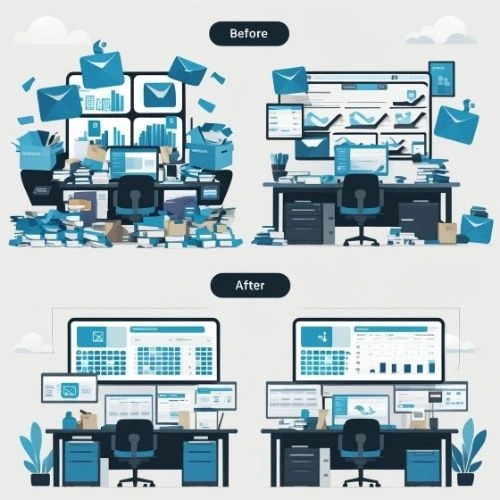 A “before vs. after ERP” scenario showing improved efficiency, reduced costs, and better decision-making. Icons or mini-screens showing dashboards, KPIs, and inventory checks.