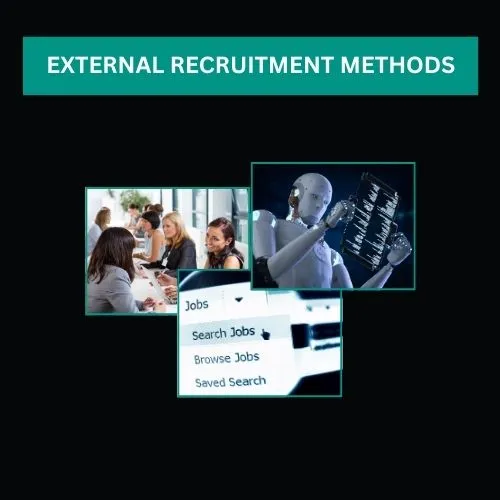 A collage of external methods like job fairs, social media, and AI screening