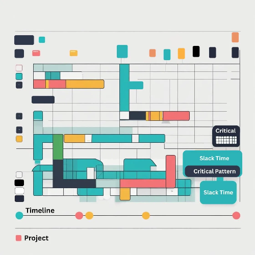 A stylised Gantt chart or project timeline generated within an ERP interface, with coloured tasks, dependency lines, and milestone flags. Overlay tags like “Slack Time”, “Critical Path 


