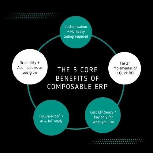 •	A circle or layered infographic with a central ERP hub surrounded by 5 benefits as labelled blocks.
•	Each benefit shown with an icon
